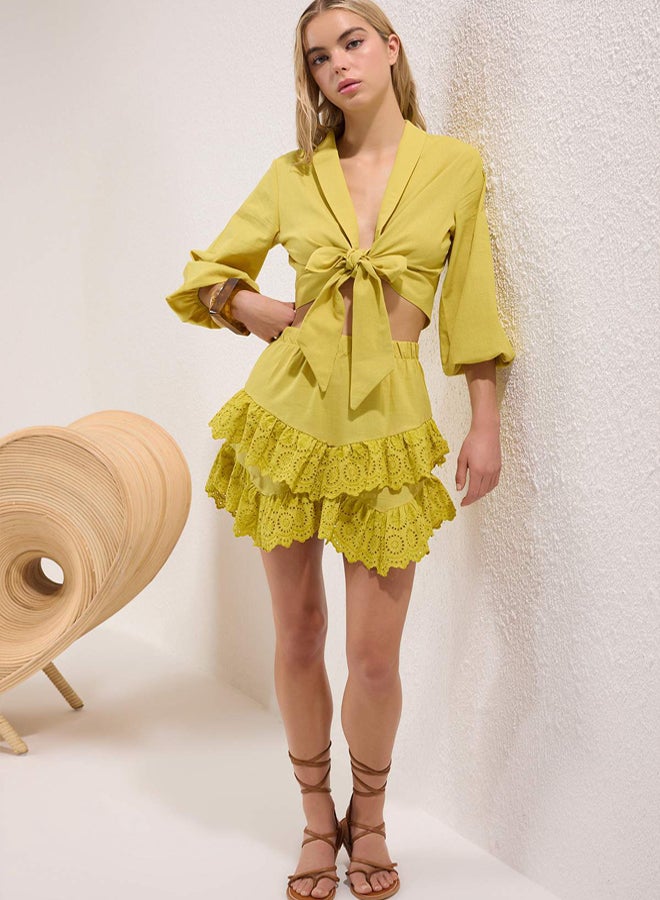 trendyol Mini Woven Embroidered Detailed Flamed Cotton Beach Skirt - Image 2