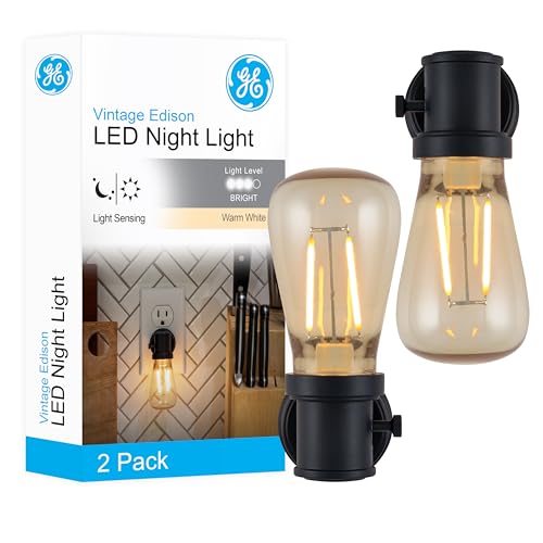 GE Vintage LED Edison Night Light, Plug-in, Dusk to Dawn, Farmhouse Decor, Mood Lighting, Home Decor, Ambient Lighting, LED Lights for Bedroom, Bathroom, Kitchen, Hallway, Black, 2 Pack, 71349 - Image 1