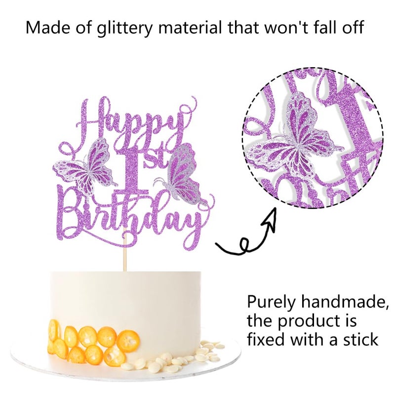 Kaoenla Butterfly Happy 1st Birthday Cake Topper-Glitter 3D Butterfly theme First birthday Cake Topper  one Birthday  Baby baby baptism party Cake Decor (1ST  Purple) - Image 4