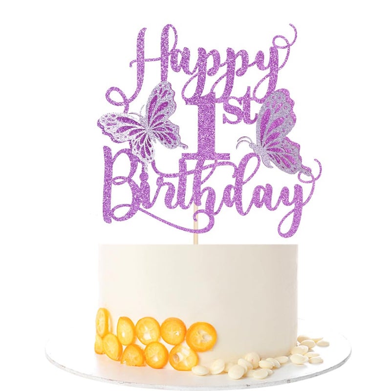 Kaoenla Butterfly Happy 1st Birthday Cake Topper-Glitter 3D Butterfly theme First birthday Cake Topper  one Birthday  Baby baby baptism party Cake Decor (1ST  Purple) - Image 1
