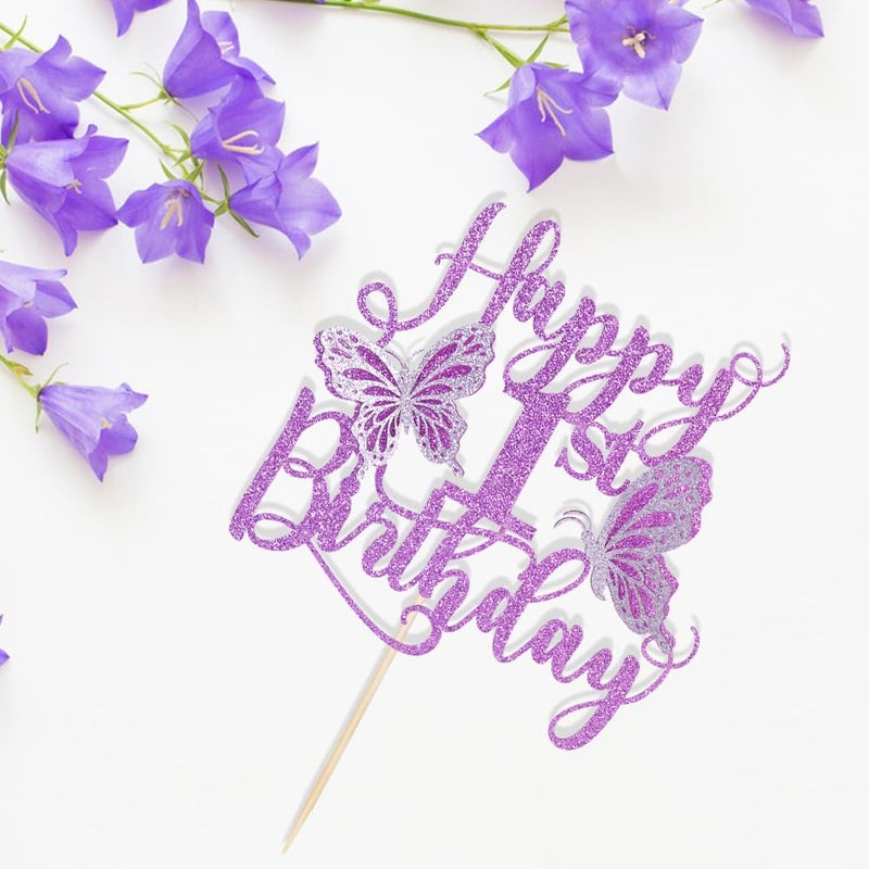 Kaoenla Butterfly Happy 1st Birthday Cake Topper-Glitter 3D Butterfly theme First birthday Cake Topper  one Birthday  Baby baby baptism party Cake Decor (1ST  Purple) - Image 5