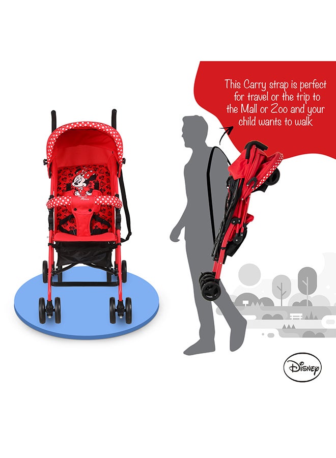Disney Minnie Mouse Lightweight Adventure Stroller + Storage Cabin 3-36 Months, Compact Design, Shoulder Strap, Adjustable Reclining Seat And More -Red - Image 2