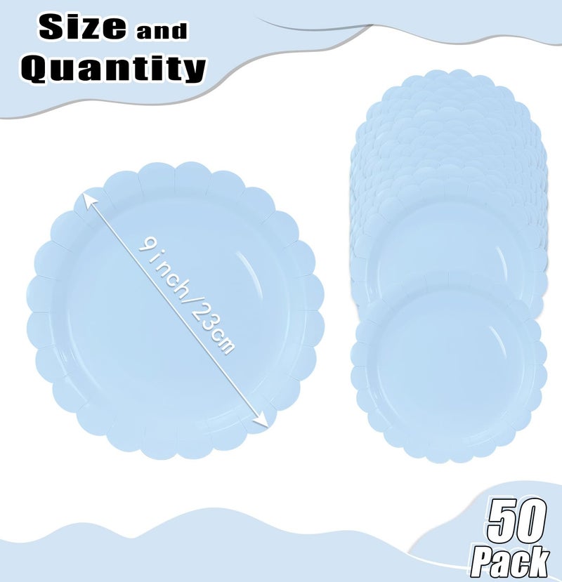 HEIPINIUYE 50 Pieces Light Blue Paper Plates 9 Inch Baby Blue Scalloped Plates Disposable Dinner Plates for Wedding Baby Shower Birthday Party Dessert Plates - Image 1