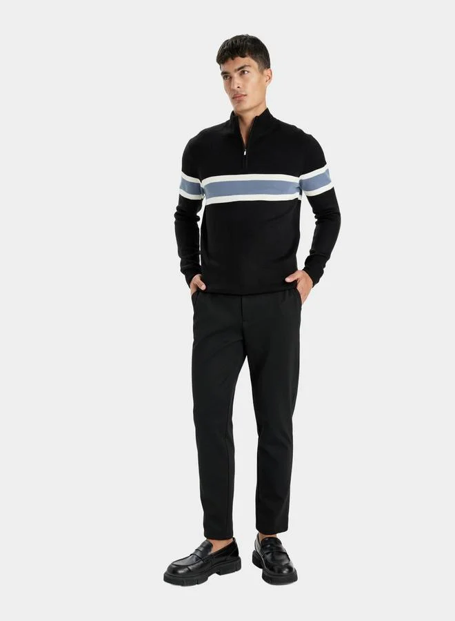 ديفاكتو Regular Fit Half-Zip Striped High Neck Knit Sweater by Styli