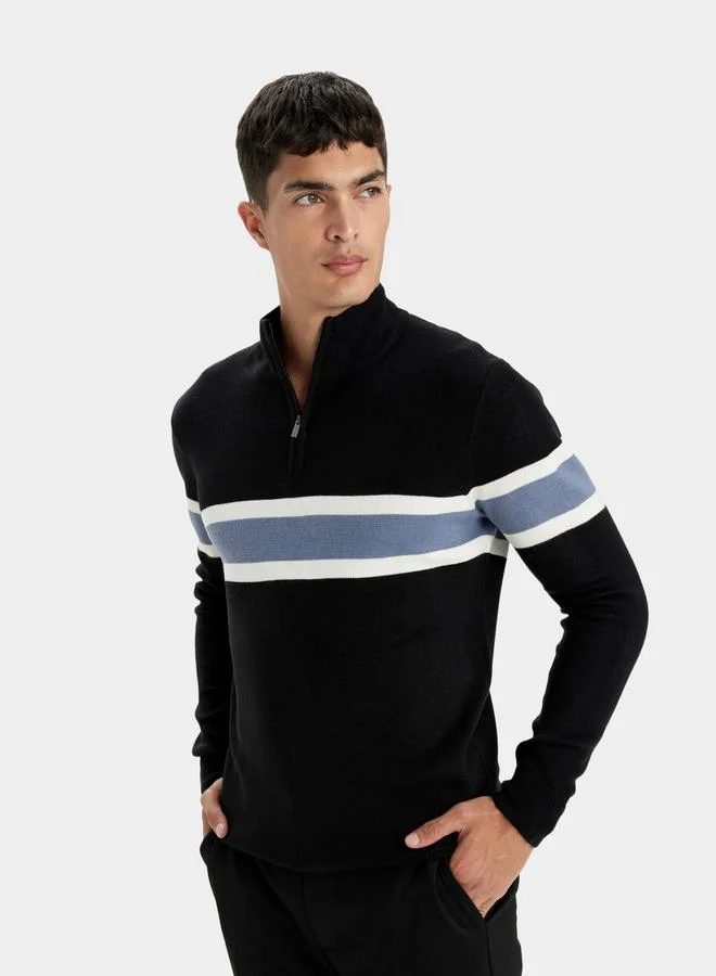 ديفاكتو Regular Fit Half-Zip Striped High Neck Knit Sweater by Styli
