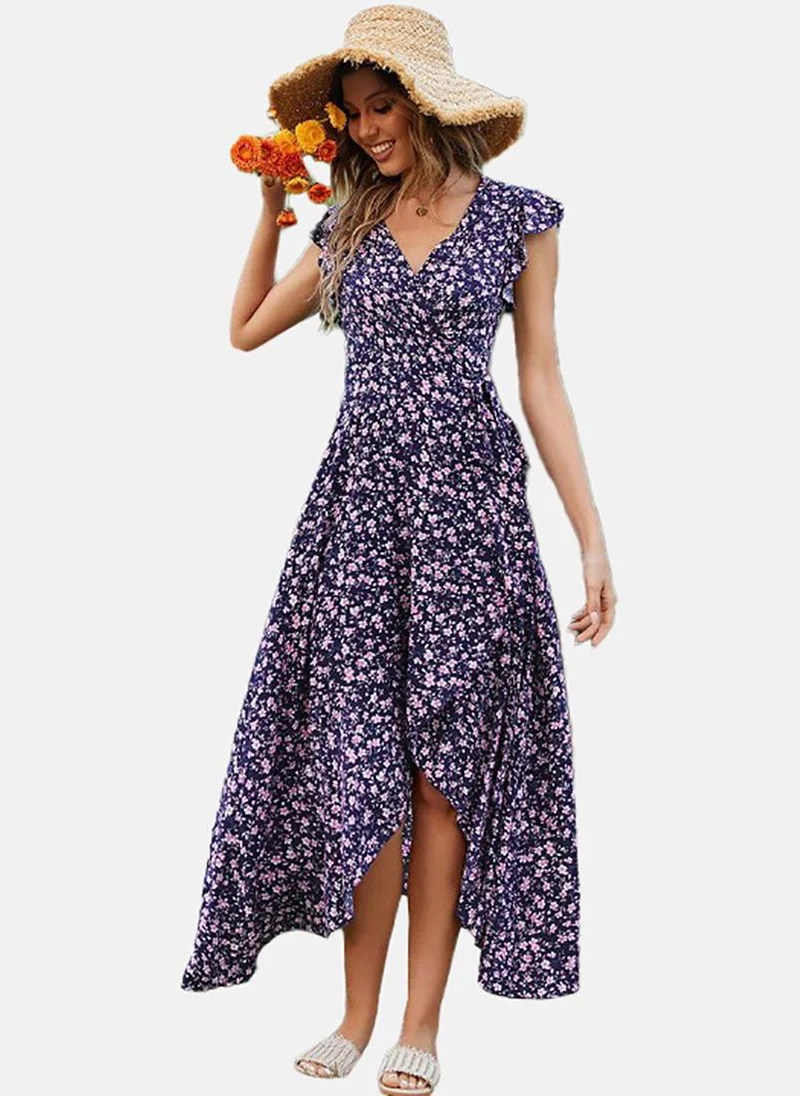 يونيكي Navy Blue Floral Print Cotton Fit & Flare Midi Dress