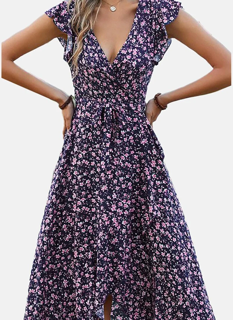 يونيكي Navy Blue Floral Print Cotton Fit & Flare Midi Dress