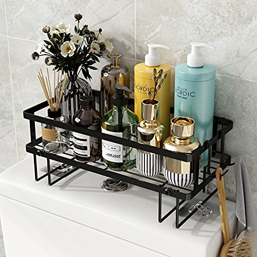 Godboat Bathroom Organizer  Over Toilet Storage Floating Shelves with 2 Hooks Wall Mounted Shelf Rack Behind and Above The Tank Gifts for Women Black 1Tier