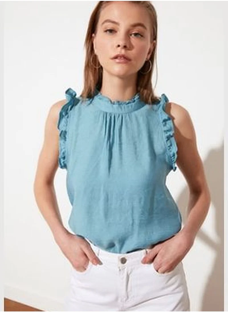 trendyol Blue Woven Collar Detailed Blouse TWOSS21BZ1274