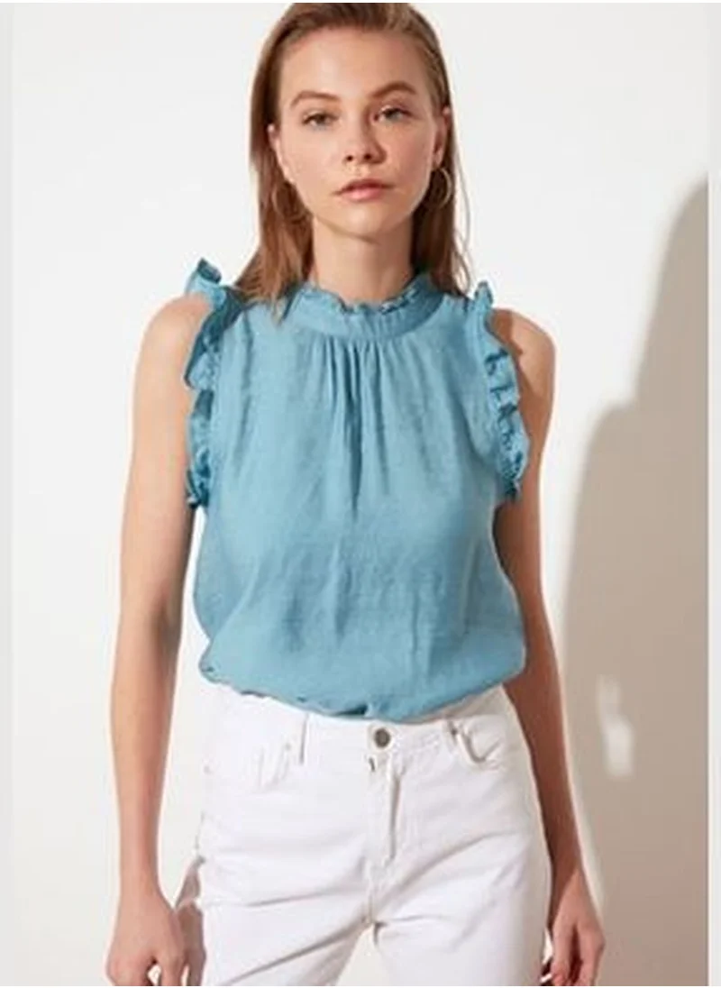 trendyol Blue Woven Collar Detailed Blouse TWOSS21BZ1274