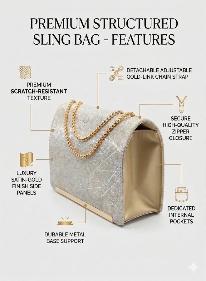 KRIFTY Glitter Sling Bag with Gold Chain Strap, Flap Closure, Evening Crossbody Handbag For Women's/Girls (Gold Silver) - Image 2