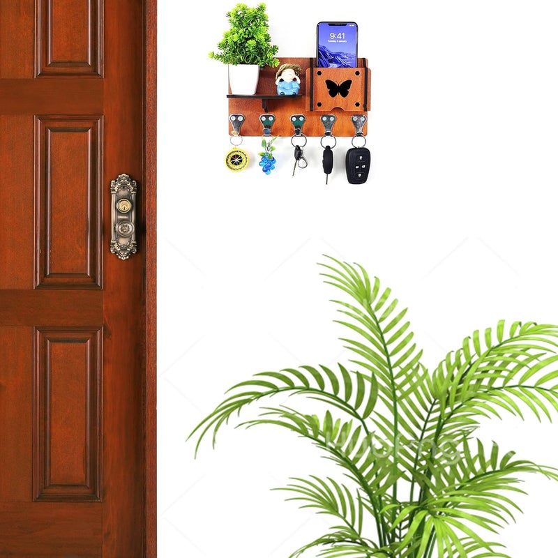 AMBVIN H411 Butterfly Craft Wall Key Holders Shelves Designer Mobile Charging Racks Self for Stylish Home Dcor Organiser Pack of 1 with 5 Keys Hooks Beige - Image 2