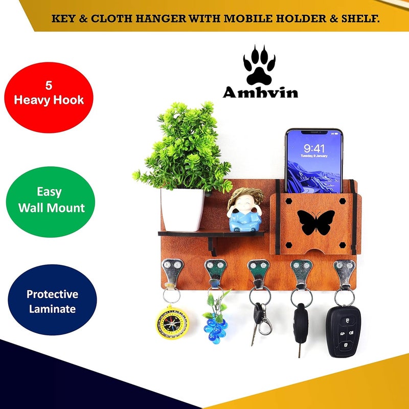 AMBVIN H411 Butterfly Craft Wall Key Holders Shelves Designer Mobile Charging Racks Self for Stylish Home Dcor Organiser Pack of 1 with 5 Keys Hooks Beige - Image 3