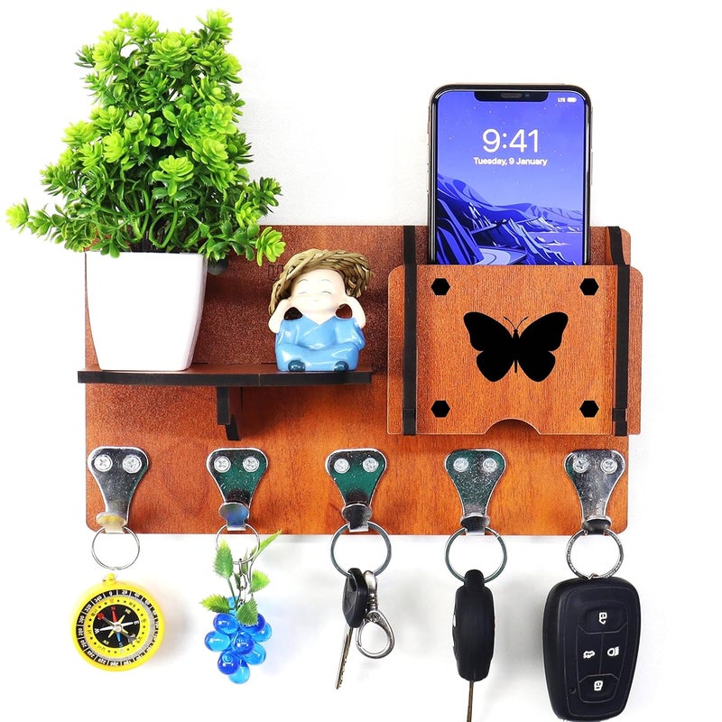 AMBVIN H411 Butterfly Craft Wall Key Holders Shelves Designer Mobile Charging Racks Self for Stylish Home Dcor Organiser Pack of 1 with 5 Keys Hooks Beige - Image 1