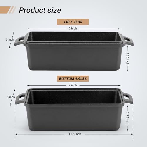 Northriver Casting 9×5 Inch Cast Iron Loaf Pan with Lid | Bread Baking Pan | Even Heat Distribution for Homemade Bread, Cake, and Meatloaf | 2 Piece Set - Image 3