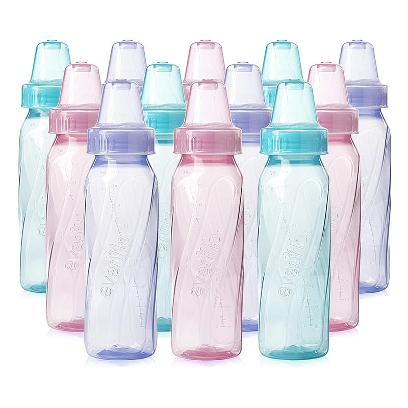 evenflo Feeding Classic Tinted Plastic Standard Neck Bottles for Baby, Infant and Newborn, Pink/Lavender/Teal, 8 Ounce (Pack of 12) - Image 1