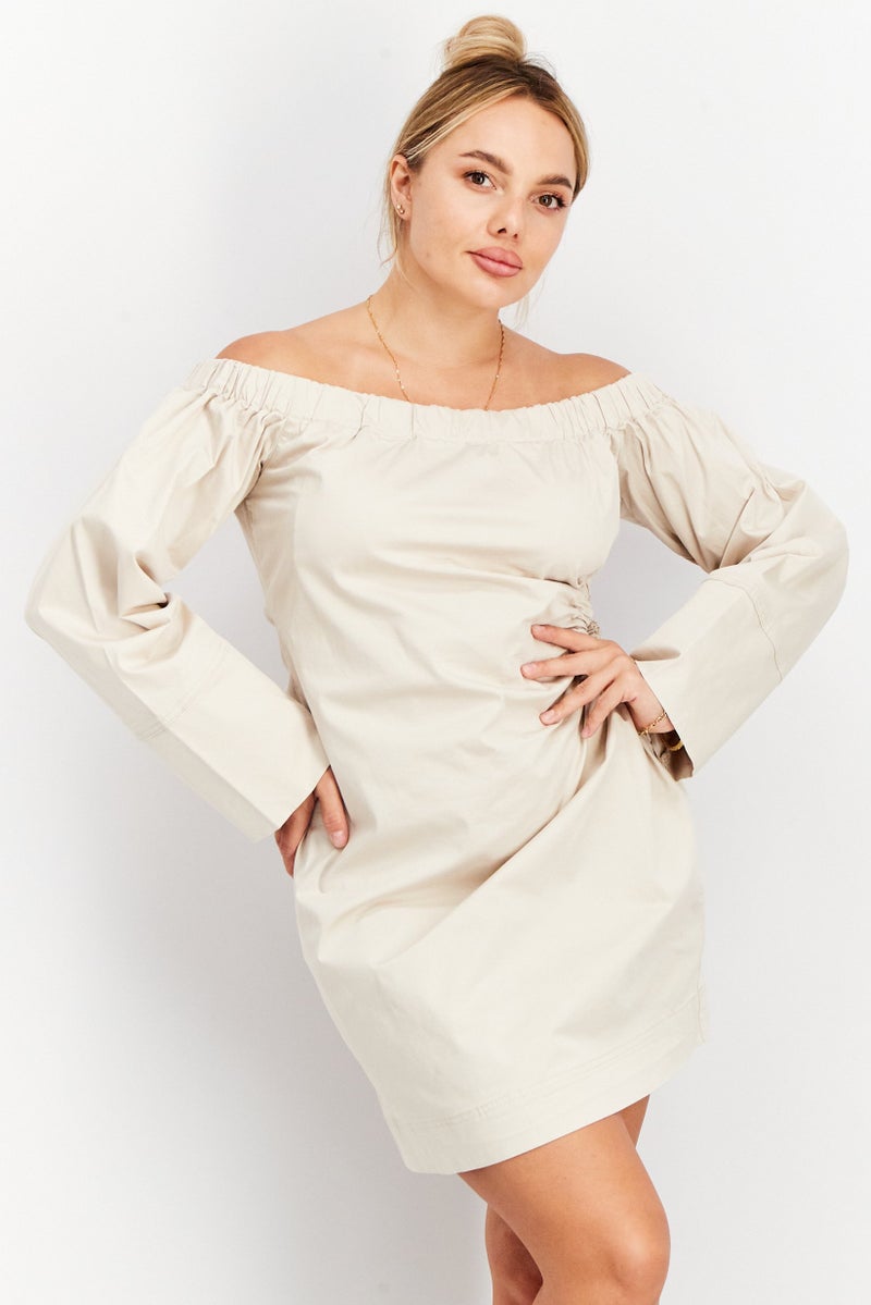 NA-KD Women Slip Off Shoulder Cut Out Mini Dress, Beige - Image 1