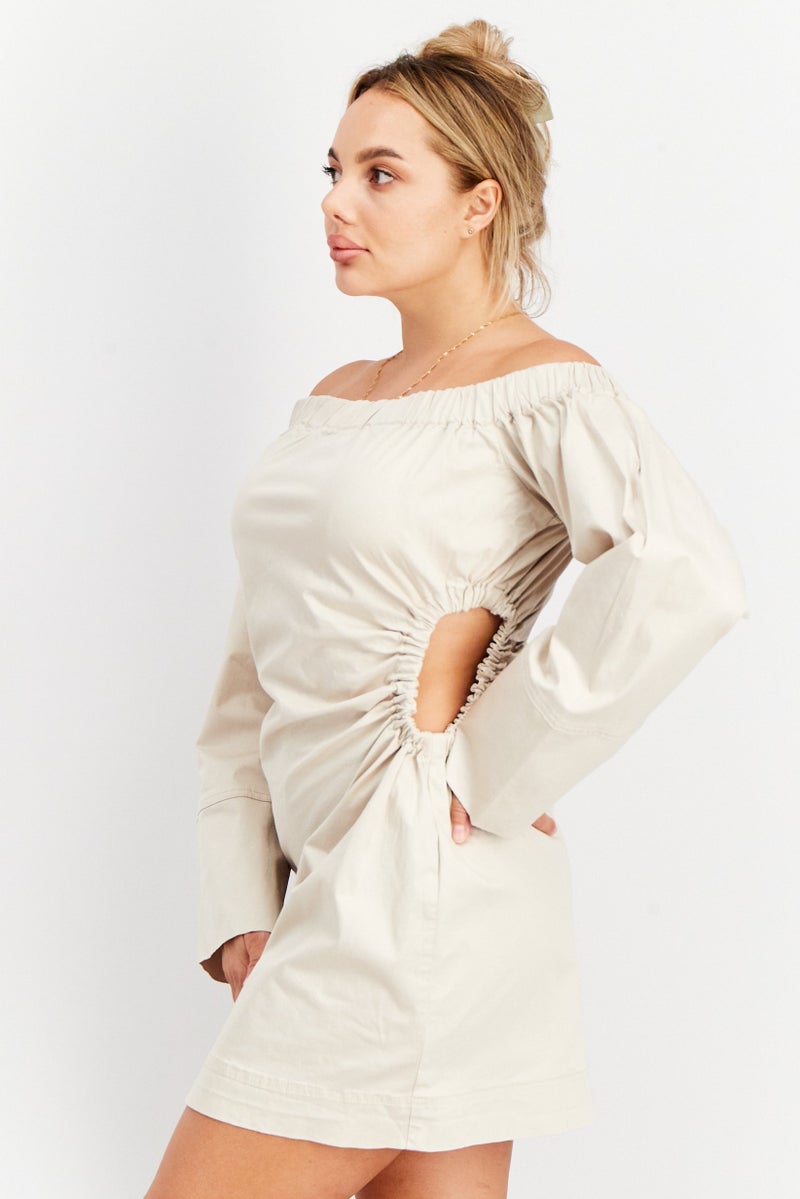 NA-KD Women Slip Off Shoulder Cut Out Mini Dress, Beige - Image 3