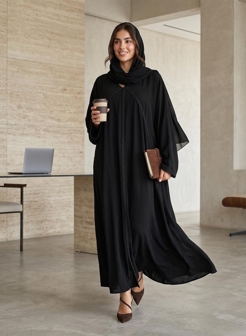 hayas closet Black Lace Detail Abaya With Sheila - Image 1
