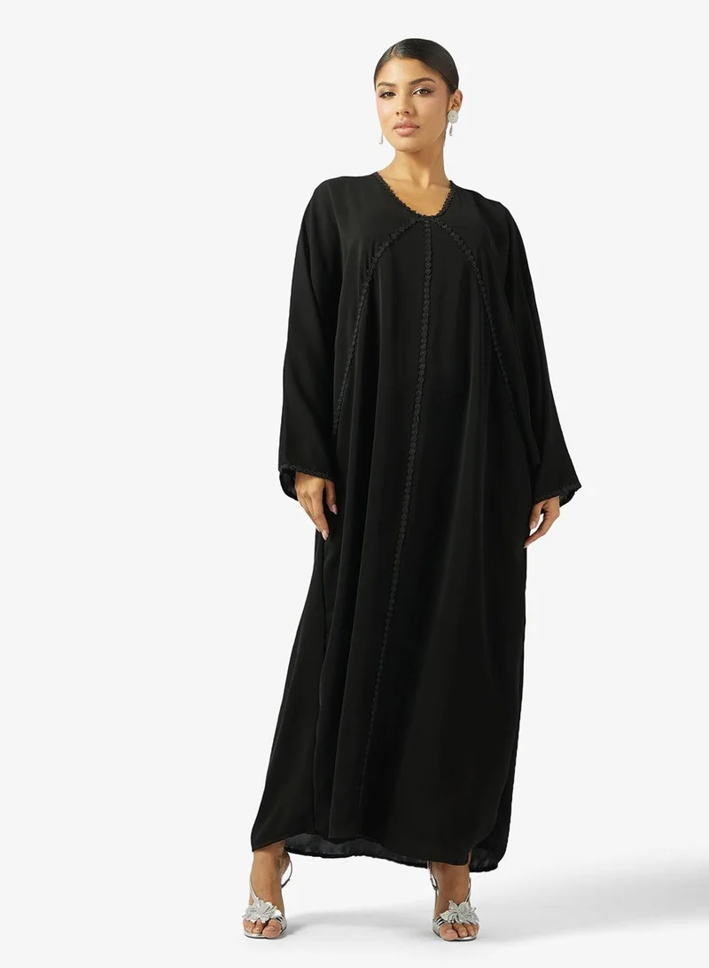 hayas closet Black Lace Detail Abaya With Sheila
