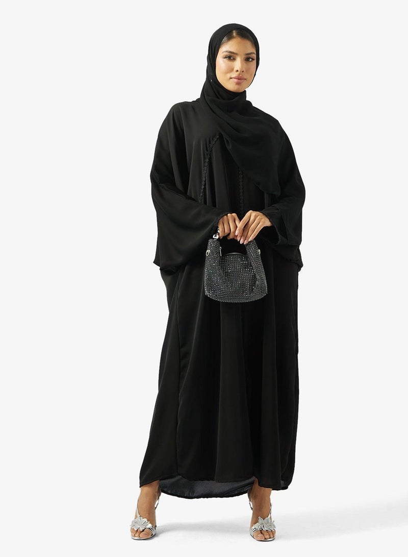 hayas closet Black Lace Detail Abaya With Sheila - Image 3