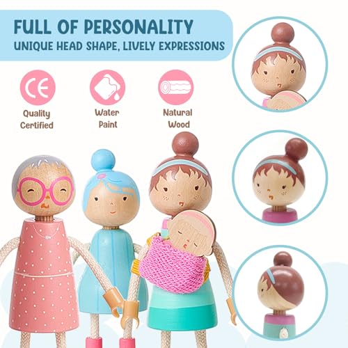 Giant bean Wooden Family Dolls Set of 7 for Dollhouse, Dollhouse People Miniature Dollhouse Accessories Toy for Boys Girls Kids Pretend Play 3 Years up - Image 3