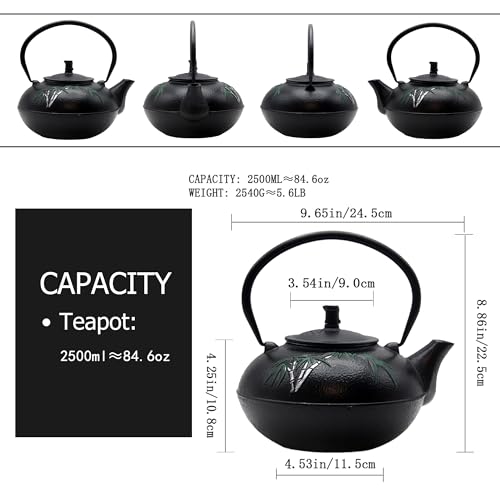 YJX 84.6oz Large Cast Iron Tea Kettle for Stovetop, Heavy Teapot with Stainless Steel Infuser for Loose Leaf, Japanese Style Tea Pot, 2500ml Black Tetsubin with Bamboo Pattern - Image 5