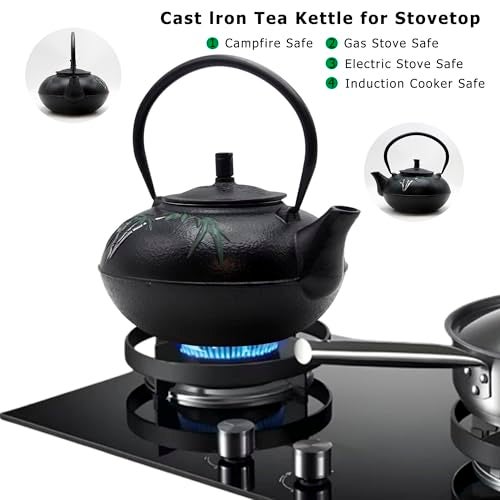 YJX 84.6oz Large Cast Iron Tea Kettle for Stovetop, Heavy Teapot with Stainless Steel Infuser for Loose Leaf, Japanese Style Tea Pot, 2500ml Black Tetsubin with Bamboo Pattern - Image 2