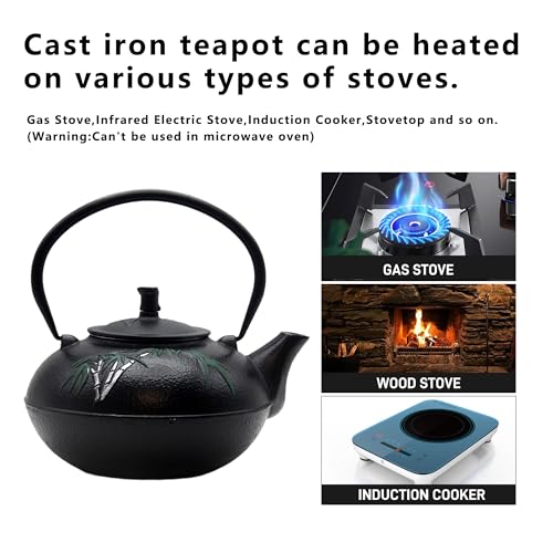YJX 84.6oz Large Cast Iron Tea Kettle for Stovetop, Heavy Teapot with Stainless Steel Infuser for Loose Leaf, Japanese Style Tea Pot, 2500ml Black Tetsubin with Bamboo Pattern - Image 4