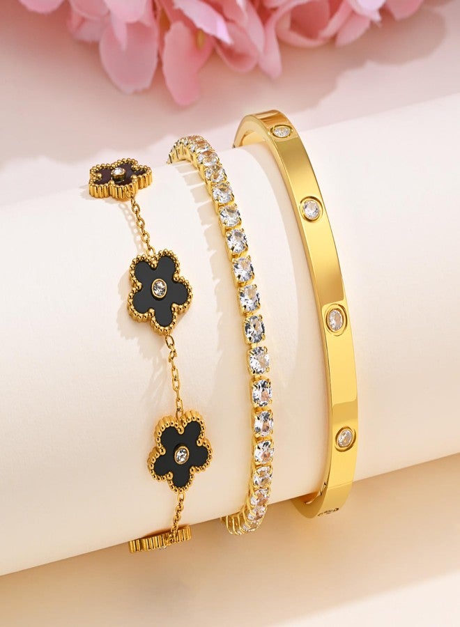 MPRAINBOW أساور ذهبية مزهرة قابلة للتكديس للنساء - 3 قطع أساور مطلية بالذهب عيار 18 قيراط، أساور من الفولاذ المقاوم للصدأ غير قابلة للتأكسد، مجموعة أساور ذهبية مجوهرات عصرية، هدية عيد الميلاد، عيد الحب، عيد الميلاد لصديقة - Image 4