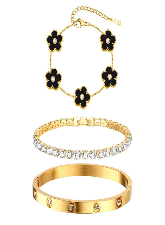 MPRAINBOW أساور ذهبية مزهرة قابلة للتكديس للنساء - 3 قطع أساور مطلية بالذهب عيار 18 قيراط، أساور من الفولاذ المقاوم للصدأ غير قابلة للتأكسد، مجموعة أساور ذهبية مجوهرات عصرية، هدية عيد الميلاد، عيد الحب، عيد الميلاد لصديقة - Image 1