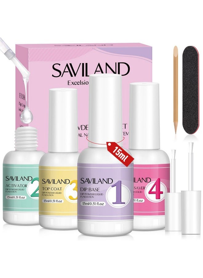 Saviland SAVILAND Dip Powder Liquid Set: 4 Pcs Nail Dip Liquid Set with Dip Powder Base Activator Top Coat and Brush Saver 15 ml/0.5 Fl.oz Dipping Nail Liquid Set for Dip Powder Nail Kit Home DIY Salon Art  - Image 1