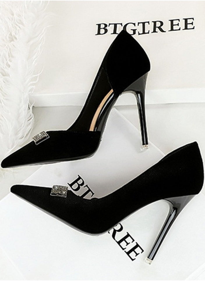 BIGTREE Women's Suede Closed Pointed Toe Stiletto Pump Rhinestone Square Buckle Decoration High Heels Black 10.5 CM  - Image 3