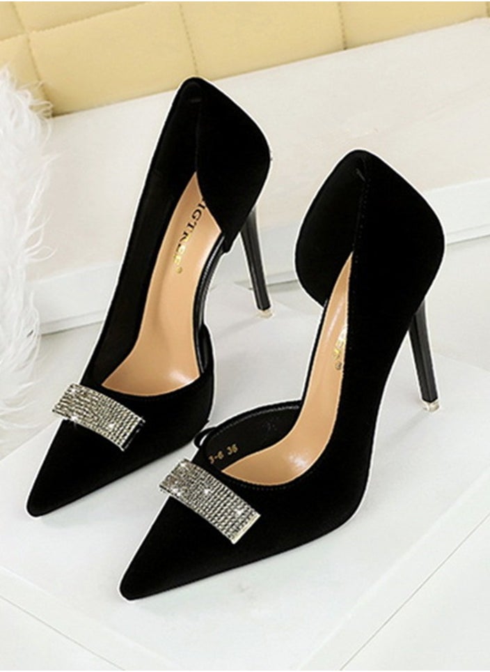 BIGTREE Women's Suede Closed Pointed Toe Stiletto Pump Rhinestone Square Buckle Decoration High Heels Black 10.5 CM  - Image 1