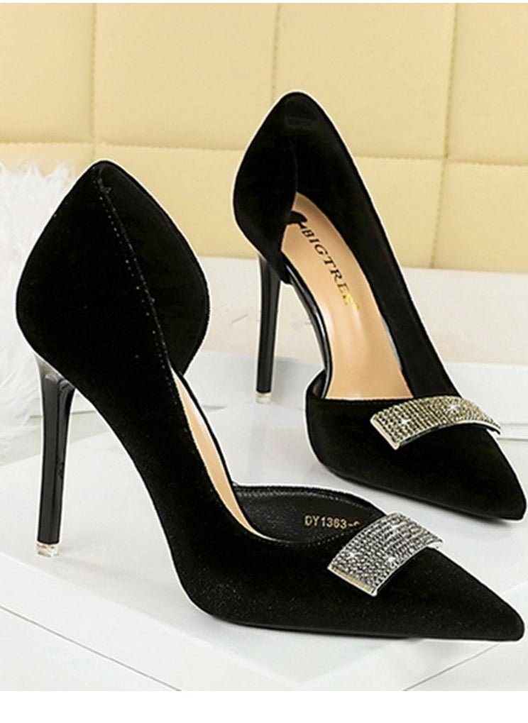 BIGTREE Women's Suede Closed Pointed Toe Stiletto Pump Rhinestone Square Buckle Decoration High Heels Black 10.5 CM  - Image 2