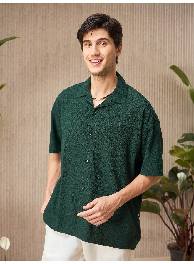 Beyoung Lush Green Half Sleeves Cuban Shirt For Men  - Image 1