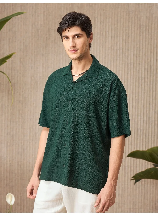 Beyoung Lush Green Half Sleeves Cuban Shirt For Men