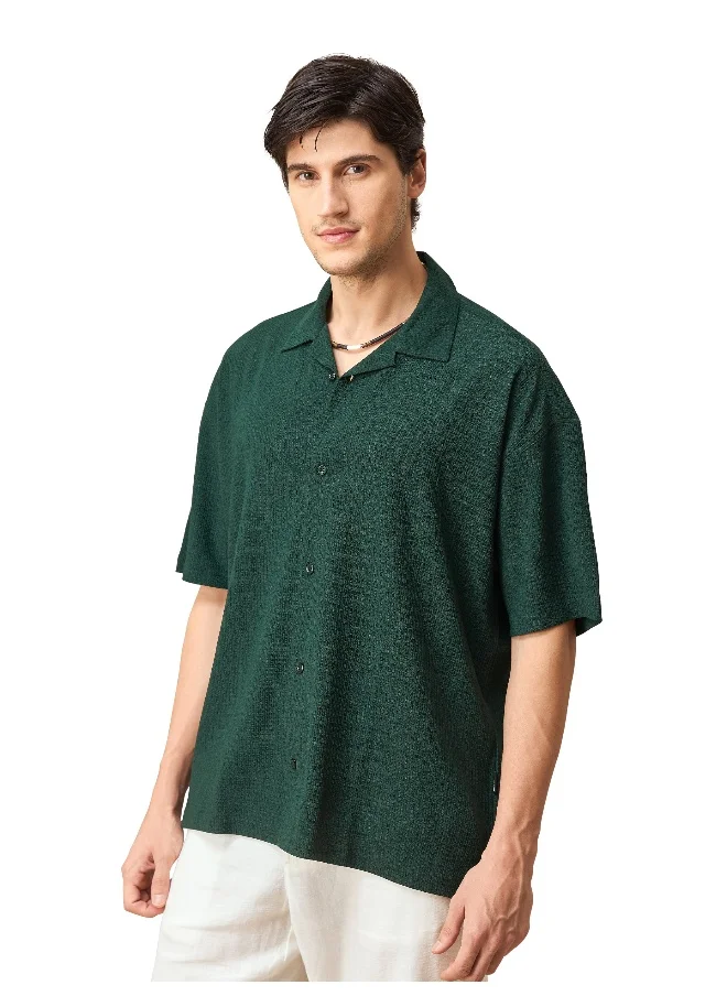 Beyoung Lush Green Half Sleeves Cuban Shirt For Men