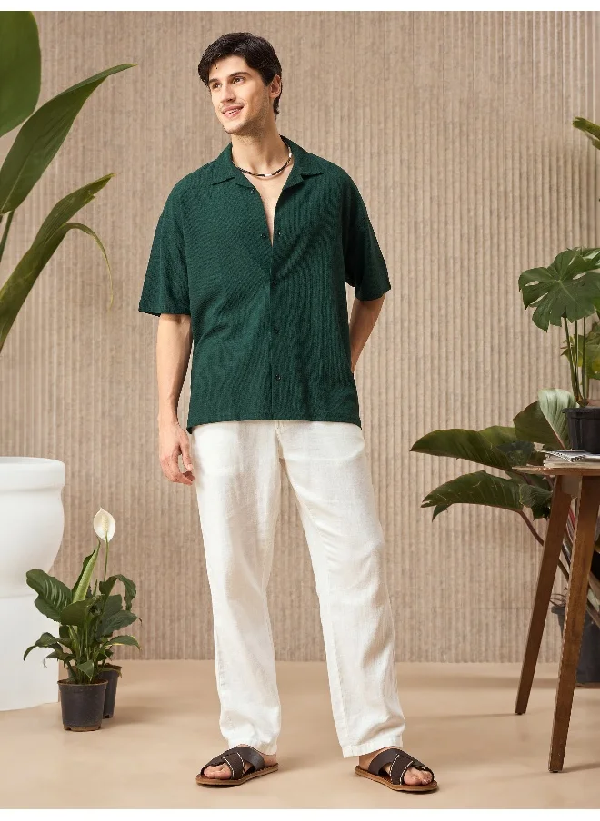 Beyoung Lush Green Half Sleeves Cuban Shirt For Men