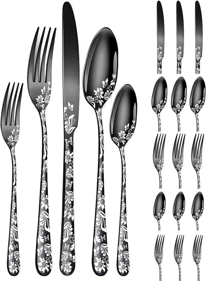 KESESU Silverware Set, KESESU 20 Pieces Stainless Steel Square Flatware Cutlery Set for 4, Modern Tableware Eating Utensils for Kitchen, Matte Finish, Dishwasher Safe – Rainbow (20, Black) - Image 1