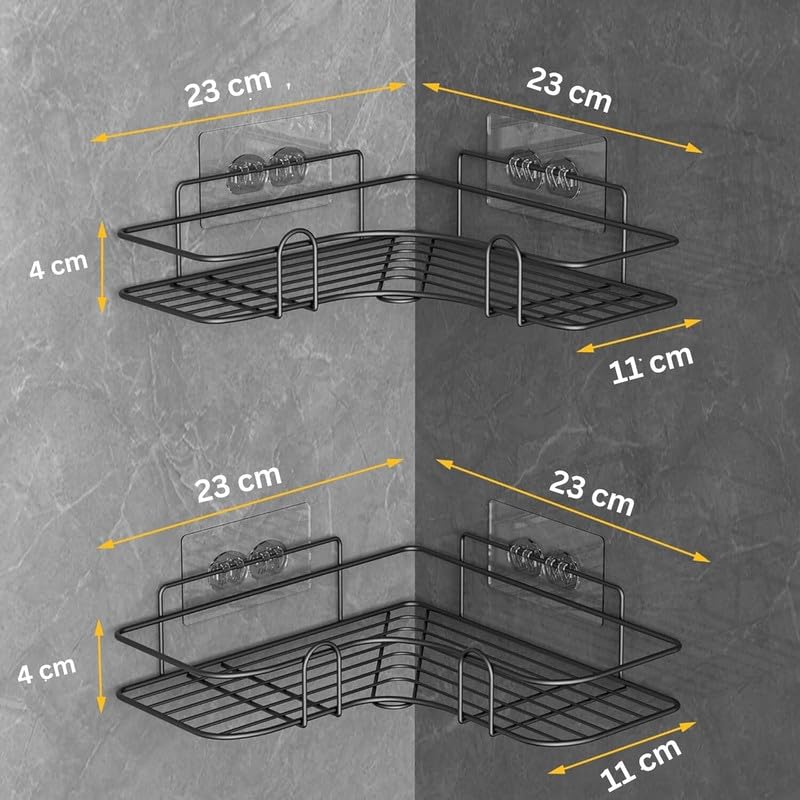 BIRDWING 2 Pic Bathroom Corner Self Adhesive Corner Shelf for Bathroom/Adhesive Shelf for Kitchen with Magic Sticker/Bathroom Organizer Without Drill (GI Metal, Black) - Pack of 2 - Image 2
