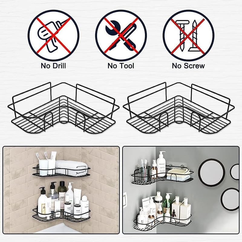 BIRDWING 2 Pic Bathroom Corner Self Adhesive Corner Shelf for Bathroom/Adhesive Shelf for Kitchen with Magic Sticker/Bathroom Organizer Without Drill (GI Metal, Black) - Pack of 2 - Image 3