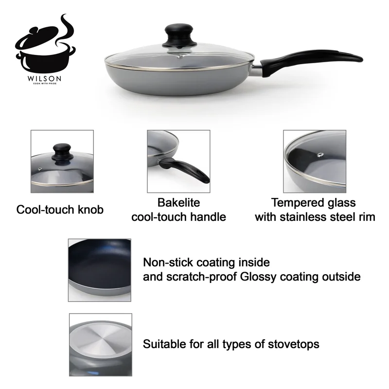 Wilson 20 Wilson Non Stick Fry Pan with Glass Lid 20cm, Grey, Aluminium Cooking Pan, Induction & Gas Compatible, Scratch Resistant Coating, Cool Touch Handle, Easy Clean Kitchen Cookware  | Best Price UAE
