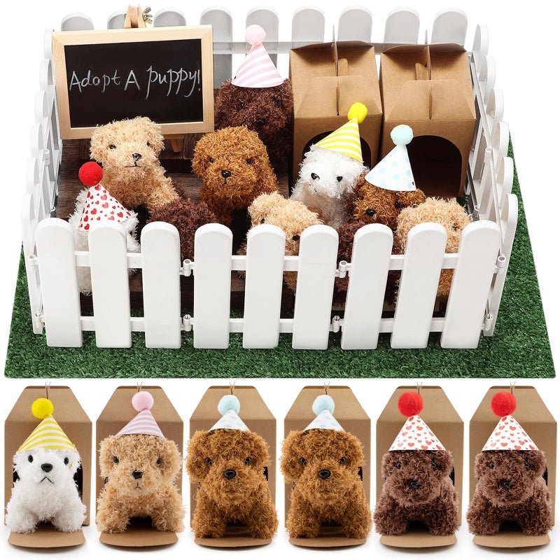 Rigibright 90Pcs Adopt A Puppy Party Favors Mini Plush Stuffed Animals Set Includes 24 Mini Dogs Birthday Hats White Plastic Fence with Artificial Lawn for Adopt A Pet Theme Birthday Party - Image 3