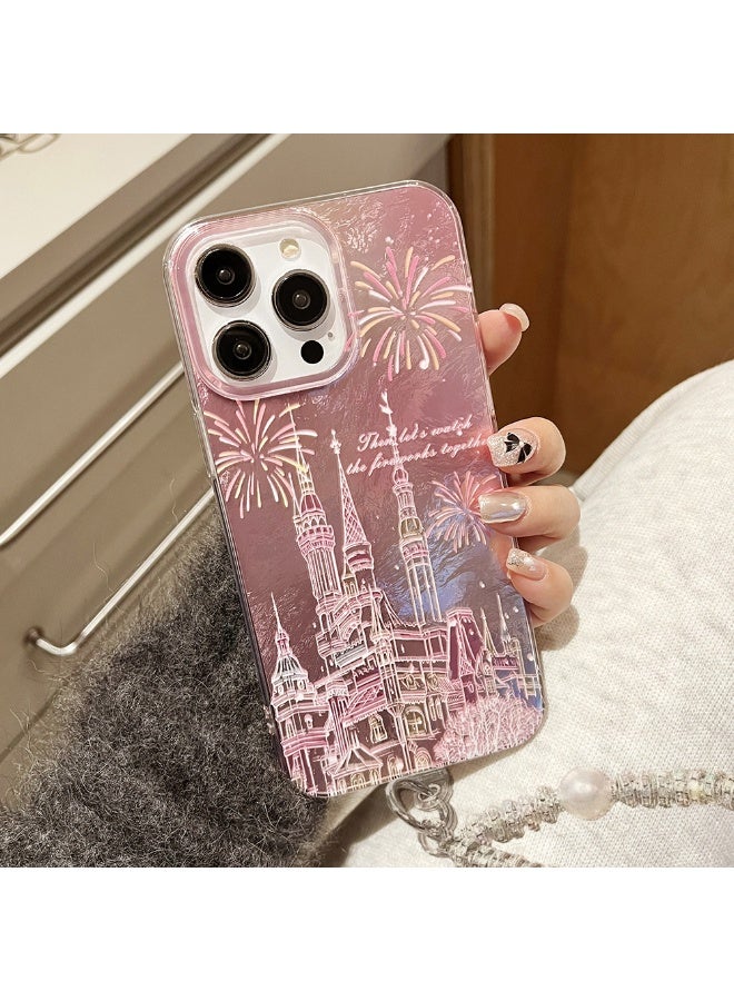NIBEMINENT Anti Slip Pearl BraceletProtective TPU Case Cover For iPhone 16 Pro Max, Castle Fireworks With Double Pearl Diamond Chain