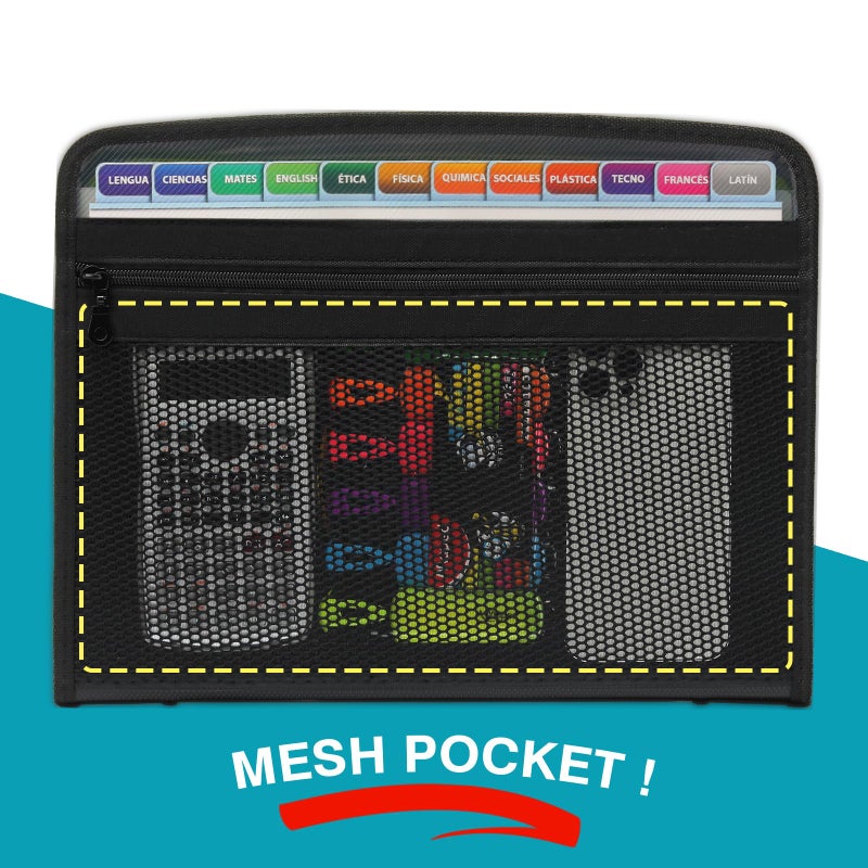 H4D Zippered Accordion File Organizer with Front Mesh Pouch, 13 Pocket Expanding File Folder, Fit for Documents Letter Size A4 Papers, Black - Image 3