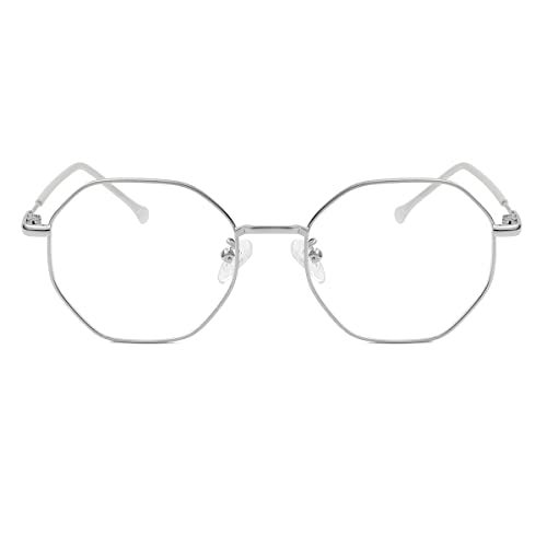 WHHJM Polygon Blue Light Blocking Glasses for Women Men Retro Octagon Square Non-prescription Metal Frame Eyeglasses (Silver Frame) - Image 2