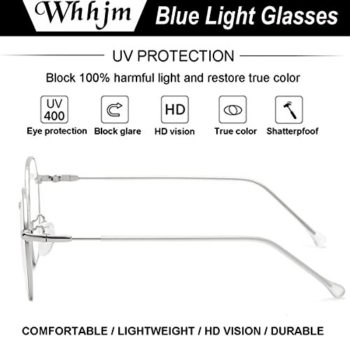 WHHJM Polygon Blue Light Blocking Glasses for Women Men Retro Octagon Square Non-prescription Metal Frame Eyeglasses (Silver Frame) - Image 3