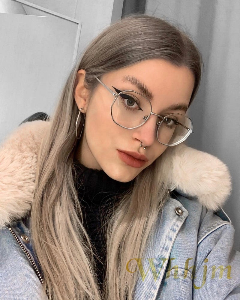 WHHJM Polygon Blue Light Blocking Glasses for Women Men Retro Octagon Square Non-prescription Metal Frame Eyeglasses (Silver Frame) - Image 5