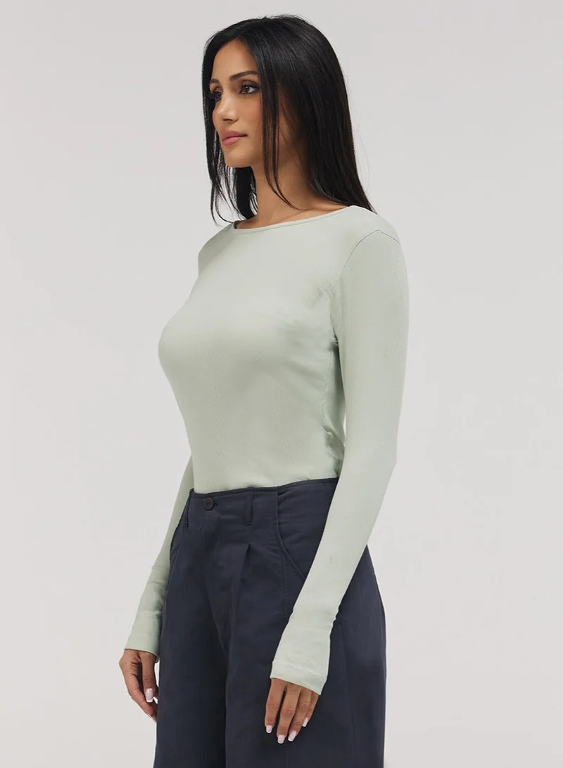 Zigzag  Rib Long Sleeve Top - Baby Green for Women | Best Price UAE